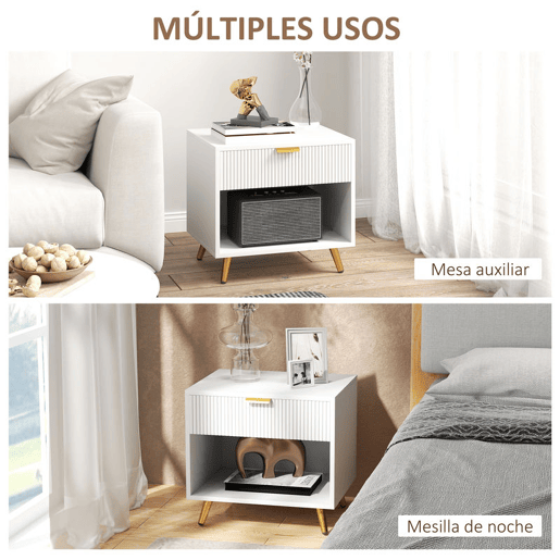 HOMCOM Conjunto de 2 Mesas de Cabeceira Moderna Mesas de Cabeceira com Gaveta Puxador Dourado e Compartimento Aberto Mesas Auxiliares para Sala de Estar Dormitório 50x40x47 cm Branco