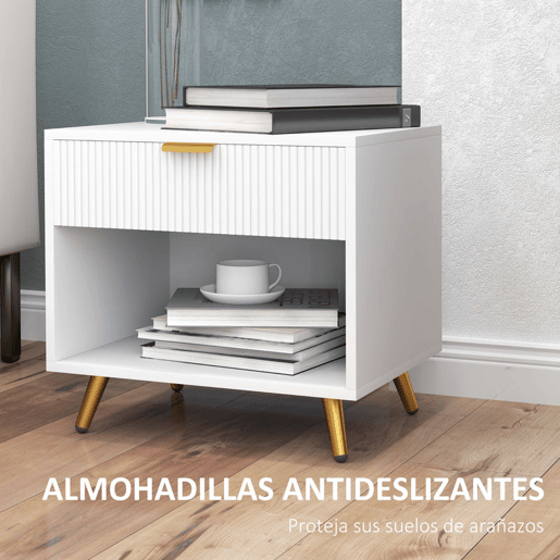HOMCOM Conjunto de 2 Mesas de Cabeceira Moderna Mesas de Cabeceira com Gaveta Puxador Dourado e Compartimento Aberto Mesas Auxiliares para Sala de Estar Dormitório 50x40x47 cm Branco