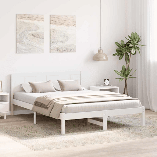 Estrutura De Cama De Casal Simple - Branco 140 x 200 cm Madeira de pinho maciça