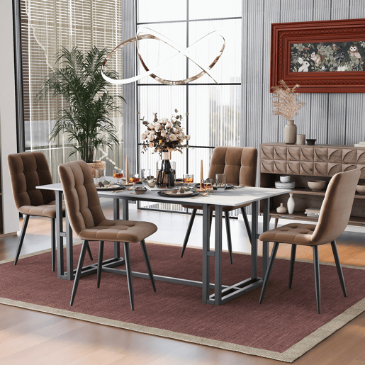 Conjunto de 4 cadeiras de jantar - Cadeira de design com encosto, assento em veludo, estrutura em metal - Castanho