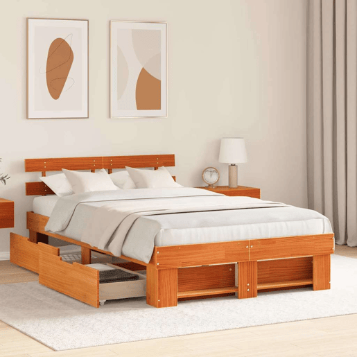 Estrutura de cama de casal simple com cabeceira - Marrom Cera 140 x 190 cm