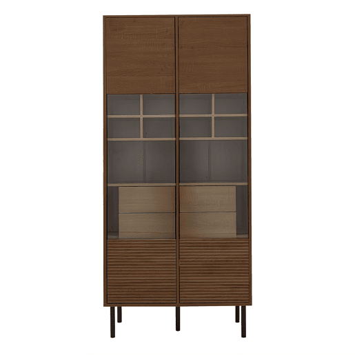 Vitrine multifuncional - prateleiras + porta de vidro + gaveta oculta - madeira