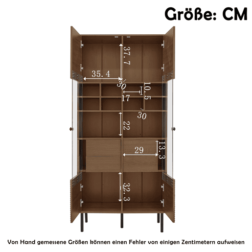 Vitrine multifuncional - prateleiras + porta de vidro + gaveta oculta - madeira