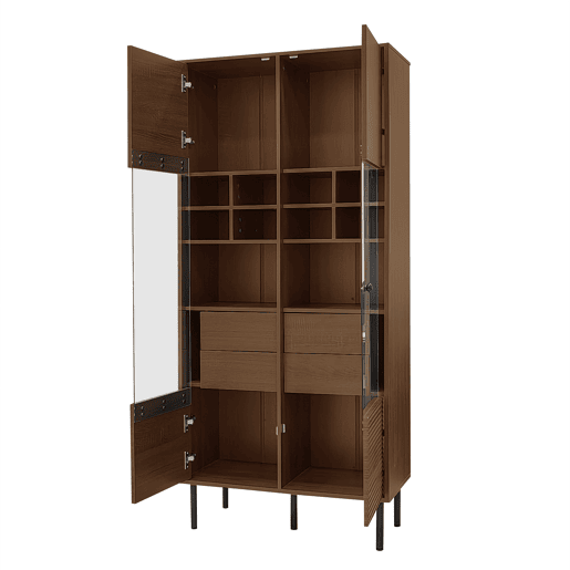 Vitrine multifuncional - prateleiras + porta de vidro + gaveta oculta - madeira