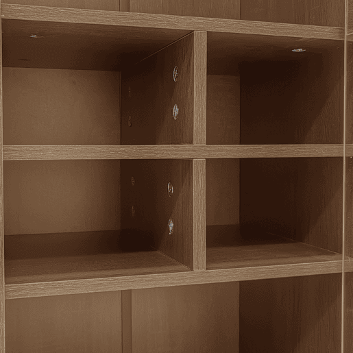 Vitrine multifuncional - prateleiras + porta de vidro + gaveta oculta - madeira