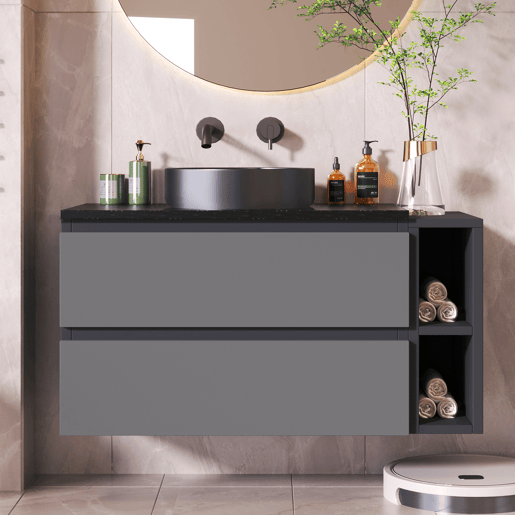 Móvel de casa de banho suspenso 80 cm - com lavatório em cerâmica e gavetas, design moderno - Preto+Cinza Móvel de casa de banho suspenso 80 cm - com lavatório em cerâmica e gavetas, design moderno - Preto+Cinza