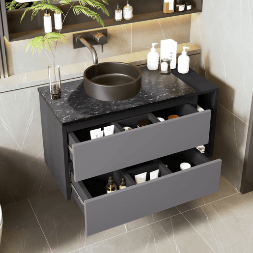 Móvel de casa de banho suspenso 80 cm - com lavatório em cerâmica e gavetas, design moderno - Preto+Cinza Móvel de casa de banho suspenso 80 cm - com lavatório em cerâmica e gavetas, design moderno - Preto+Cinza