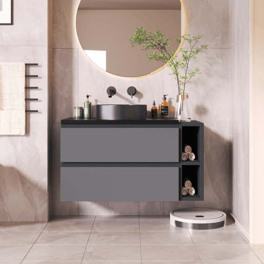 Móvel de casa de banho suspenso 80 cm - com lavatório em cerâmica e gavetas, design moderno - Preto+Cinza Móvel de casa de banho suspenso 80 cm - com lavatório em cerâmica e gavetas, design moderno - Preto+Cinza