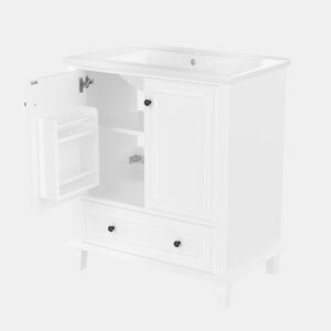 Móvel de casa de banho com pés 76x46x87 cm - Com lavatório cerâmico, grande espaço de arrumação, pés de madeira - Branco