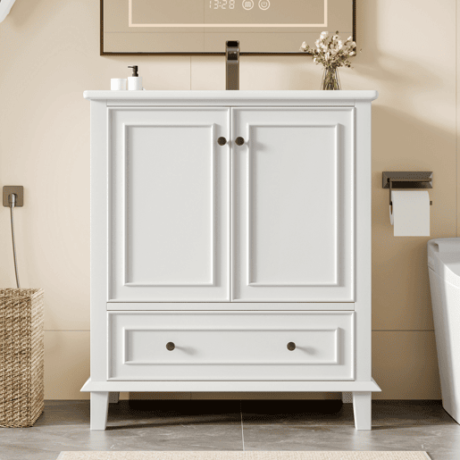 Móvel de casa de banho com pés 76x46x87 cm - Com lavatório cerâmico, grande espaço de arrumação, pés de madeira - Branco