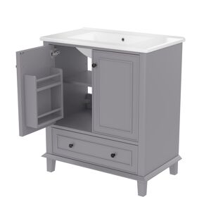 Móvel de casa de banho 76x46x87 cm - Com lavatório, pés em madeira maciça, impermeável, grande capacidade, cinzento