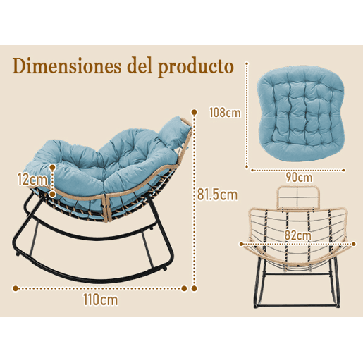 Cadeira de baloiço de exterior HomeMiYN com almofada espessa e vime sintético