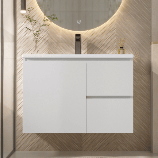 Armário de casa de banho suspenso 76x46x50 cm - LED, duas gavetas, prateleiras, lavatório integrado - Branco