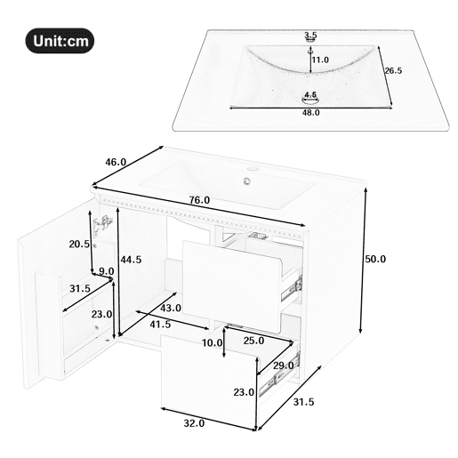 Armário de casa de banho suspenso 76x46x50 cm - LED, duas gavetas, prateleiras, lavatório integrado - Branco