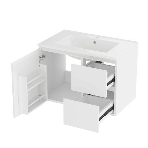 Armário de casa de banho suspenso 76x46x50 cm - LED, duas gavetas, prateleiras, lavatório integrado - Branco