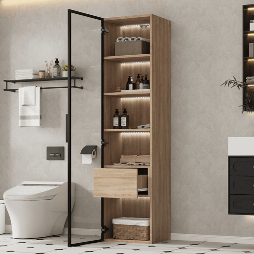 Armário de casa de banho 40 cm - com luz, 1 gaveta grande, 1 porta, vidro - Natural
