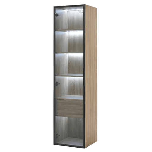 Armário de casa de banho 40 cm - com luz, 1 gaveta grande, 1 porta, vidro - Natural
