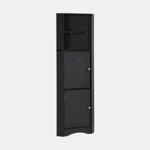 Armário de casa de banho de canto 36,5 x 36,5 x 155 cm - 2 prateleiras, compartimento aberto, ajustável - preto