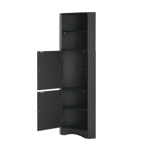 Armário de casa de banho de canto 36,5 x 36,5 x 155 cm - 2 prateleiras, compartimento aberto, ajustável - preto