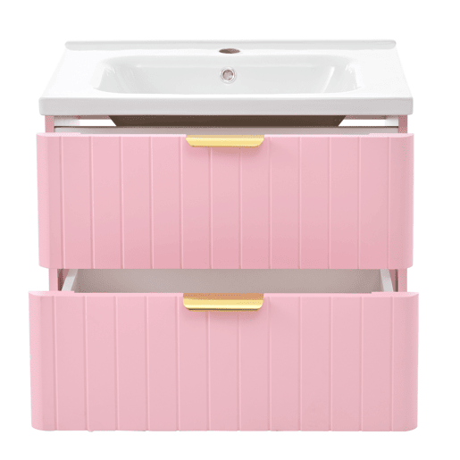 Móvel de casa de banho suspenso com 1 lavatório - duplo armazenamento, MDF resistente à humidade, lavatório cerâmico - rosa Móvel de casa de banho suspenso com 1 lavatório - duplo armazenamento, MDF resistente à humidade, lavatório cerâmico - rosa