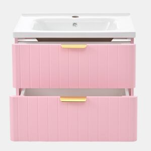 Móvel de casa de banho suspenso com 1 lavatório - duplo armazenamento, MDF resistente à humidade, lavatório cerâmico - rosa