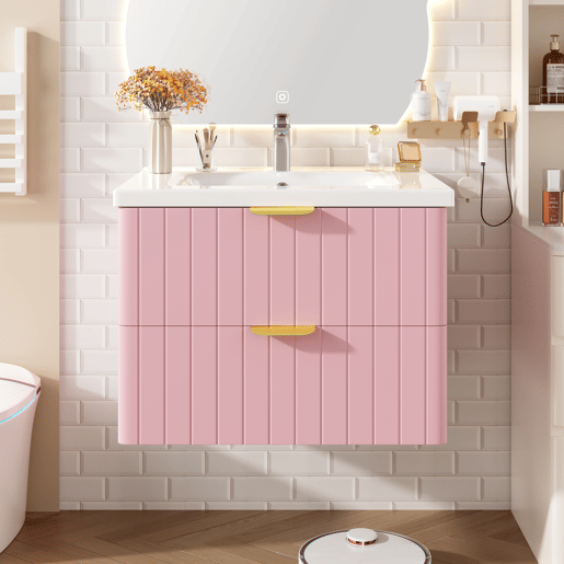 Móvel de casa de banho suspenso com 1 lavatório - duplo armazenamento, MDF resistente à humidade, lavatório cerâmico - rosa Móvel de casa de banho suspenso com 1 lavatório - duplo armazenamento, MDF resistente à humidade, lavatório cerâmico - rosa