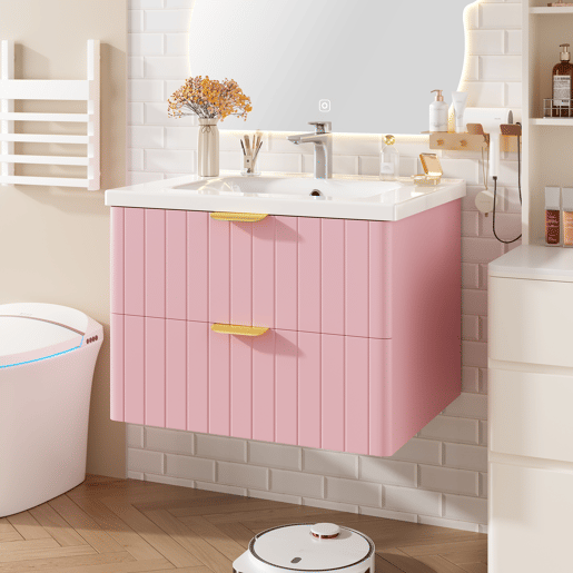 Móvel de casa de banho suspenso com 1 lavatório - duplo armazenamento, MDF resistente à humidade, lavatório cerâmico - rosa Móvel de casa de banho suspenso com 1 lavatório - duplo armazenamento, MDF resistente à humidade, lavatório cerâmico - rosa