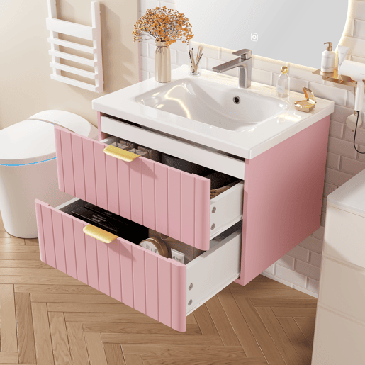 Móvel de casa de banho suspenso com 1 lavatório - duplo armazenamento, MDF resistente à humidade, lavatório cerâmico - rosa Móvel de casa de banho suspenso com 1 lavatório - duplo armazenamento, MDF resistente à humidade, lavatório cerâmico - rosa