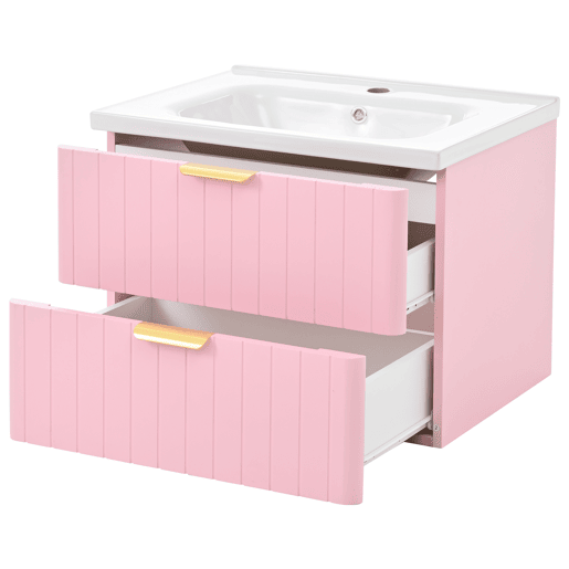 Móvel de casa de banho suspenso com 1 lavatório - duplo armazenamento, MDF resistente à humidade, lavatório cerâmico - rosa Móvel de casa de banho suspenso com 1 lavatório - duplo armazenamento, MDF resistente à humidade, lavatório cerâmico - rosa