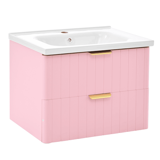 Móvel de casa de banho suspenso com 1 lavatório - duplo armazenamento, MDF resistente à humidade, lavatório cerâmico - rosa Móvel de casa de banho suspenso com 1 lavatório - duplo armazenamento, MDF resistente à humidade, lavatório cerâmico - rosa