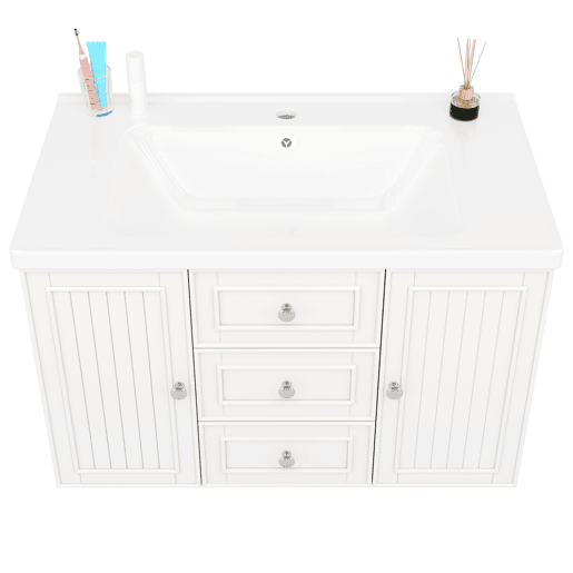 Móvel de casa de banho suspenso 78,5 x 46 x 46,8 cm - 3 gavetas, lavatório integrado - Branco