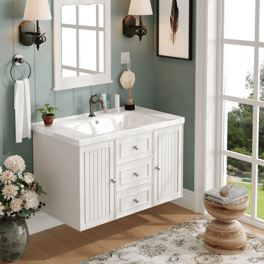 Móvel de casa de banho suspenso 78,5 x 46 x 46,8 cm - 3 gavetas, lavatório integrado - Branco