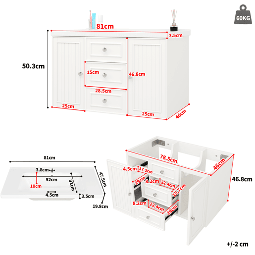 Móvel de casa de banho suspenso 78,5 x 46 x 46,8 cm - 3 gavetas, lavatório integrado - Branco