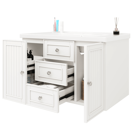 Móvel de casa de banho suspenso 78,5 x 46 x 46,8 cm - 3 gavetas, lavatório integrado - Branco