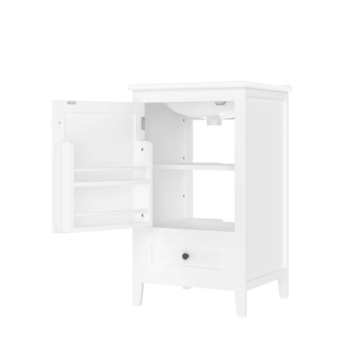 Armário de casa de banho com pés 51x46x85 cm - Com lavatório, prateleira ajustável, gaveta silenciosa - Branco