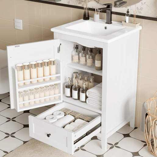 Armário de casa de banho com pés 51x46x85 cm - Com lavatório, prateleira ajustável, gaveta silenciosa - Branco