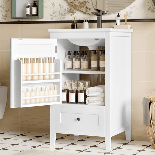 Armário de casa de banho com pés 51x46x85 cm - Com lavatório, prateleira ajustável, gaveta silenciosa - Branco
