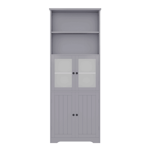 Armário de casa de banho alto 57,4 x 28,5 x 160 cm - Com portas de vidro e madeira, prateleiras ajustáveis - Cinza