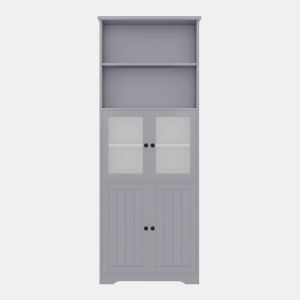 Armário de casa de banho alto 57,4 x 28,5 x 160 cm - Com portas de vidro e madeira, prateleiras ajustáveis - Cinza