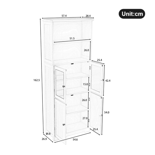 Armário de casa de banho alto 57,4 x 28,5 x 160 cm - Com portas de vidro e madeira, prateleiras ajustáveis - Cinza