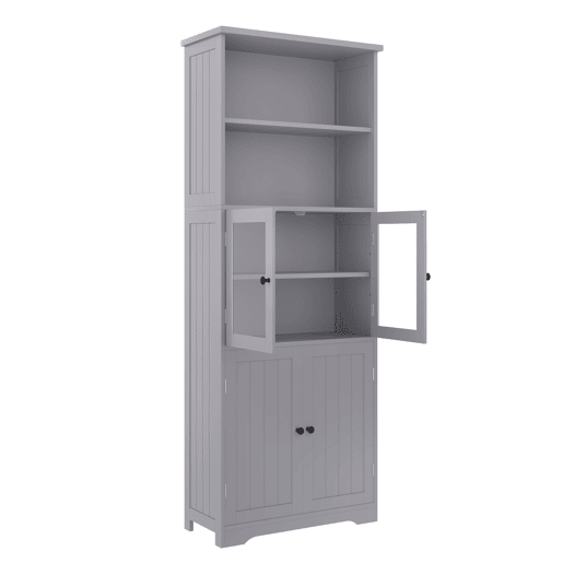 Armário de casa de banho alto 57,4 x 28,5 x 160 cm - Com portas de vidro e madeira, prateleiras ajustáveis - Cinza