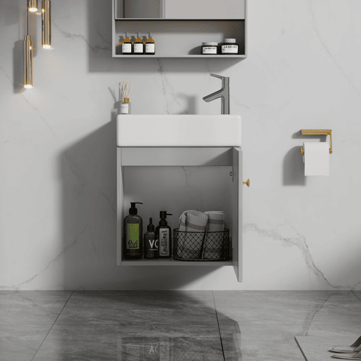 Móvel de casa de banho com lavatório 46 cm - Coluna suspensa, pequena, cinzenta e branca Móvel de casa de banho com lavatório 46 cm - Coluna suspensa, pequena, cinzenta e branca
