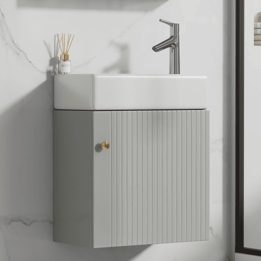 Móvel de casa de banho com lavatório 46 cm - Coluna suspensa, pequena, cinzenta e branca Móvel de casa de banho com lavatório 46 cm - Coluna suspensa, pequena, cinzenta e branca