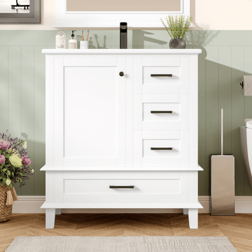 Armário de casa de banho 76x46x83,5 cm - Com lavatório, 3 gavetas silenciosas, prateleira na porta - Branco