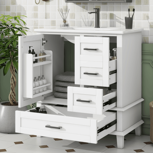 Armário de casa de banho 76x46x83,5 cm - Com lavatório, 3 gavetas silenciosas, prateleira na porta - Branco
