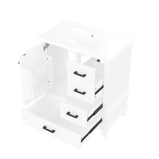 Armário de casa de banho 76x46x83,5 cm - Com lavatório, 3 gavetas silenciosas, prateleira na porta - Branco