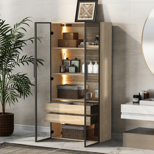 Armário de casa de banho 73 cm - Com luz, 2 gavetas grandes e 2 portas de vidro - Natural