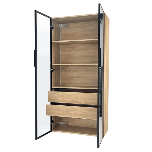 Armário de casa de banho 73 cm - Com luz, 2 gavetas grandes e 2 portas de vidro - Natural