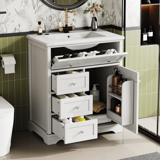 Móvel de casa de banho 76x46x87 cm - Com lavatório, acabamento resistente à humidade, sistema de fecho suave, branco