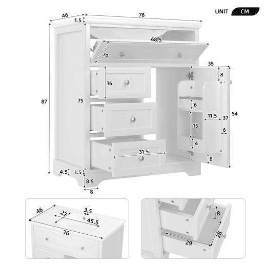 Móvel de casa de banho 76x46x87 cm - Com lavatório, acabamento resistente à humidade, sistema de fecho suave, branco